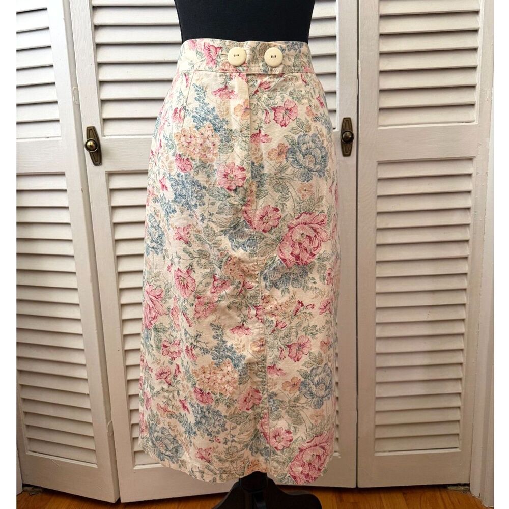 Vintage 80's Floral Midi Skirt White Buttons Cottagecore Shabby Chic 11/12